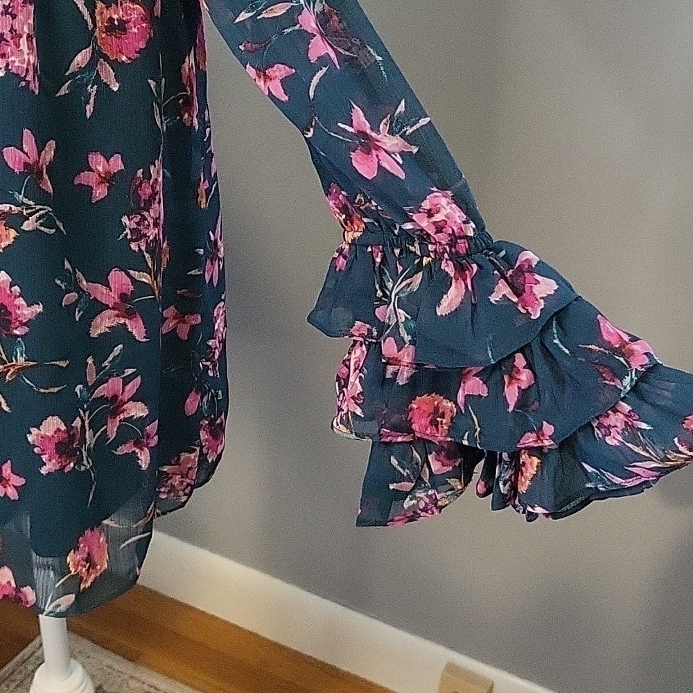 CeCe Floral On or Off The Shoulder Lined Sheer Sleeve Teal Pink Floral Top Sz S - Picture 5 of 9